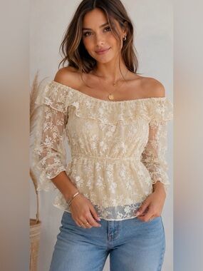 ZARA EMBROIDERED OFF-SHOULDER LACE RUFFLE BOHO BLOUSE | WOMEN’S SIZE M | NWOT